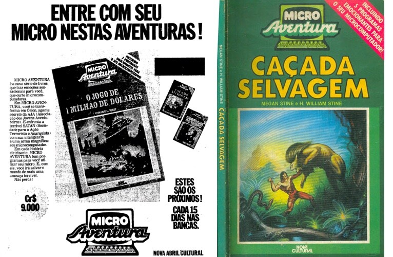 Anúncio com o título “Entre com seu micro nestas aventuras“, e capa da Micro Aventura “Caçada Selvagem“