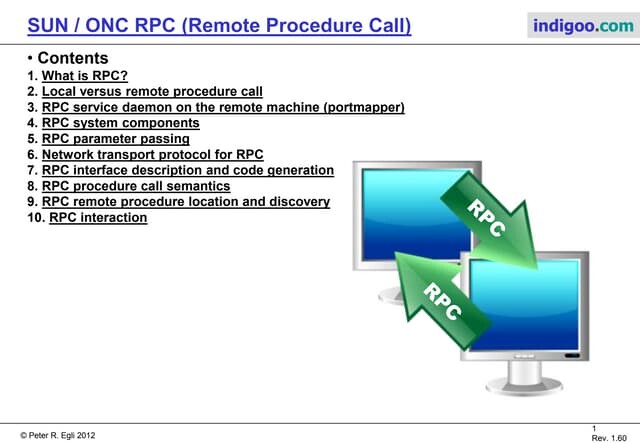 Slide com índice dos temas de uma apresentação sobre o Sun RPC, mostrando 2 computadores fazendo chamadas remotas de execução de procedimentos, por meio de setas entre 2 monitores no estilo clip-art