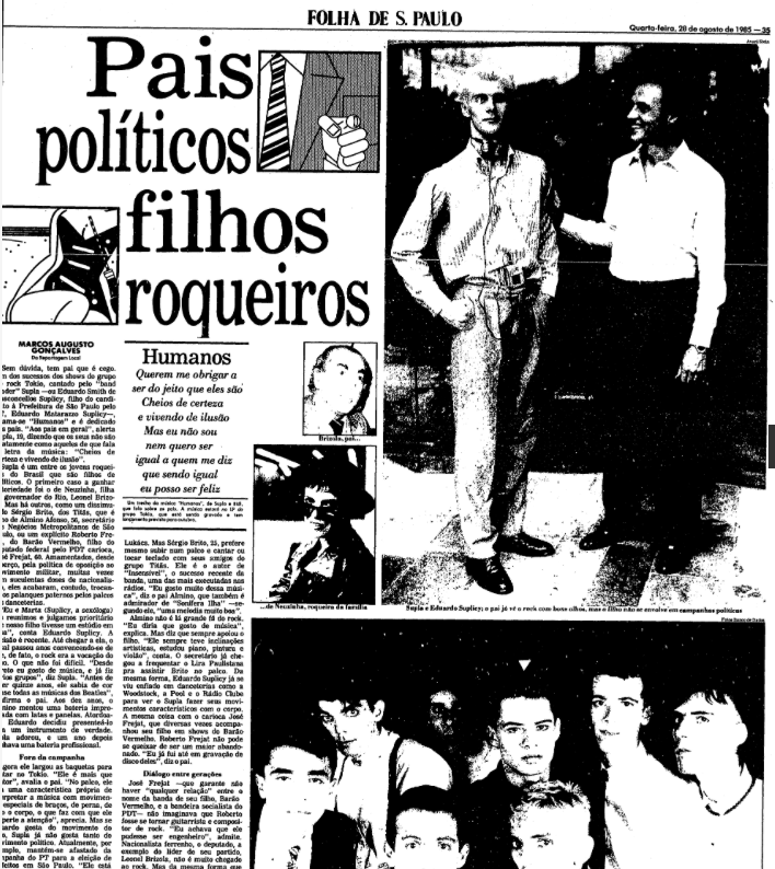 Reprodução da página do jornal com a matéria Pais políticos, filhos roqueiros, e fotos em destaque: Brizola e Neusinha, Suplicy e Supla