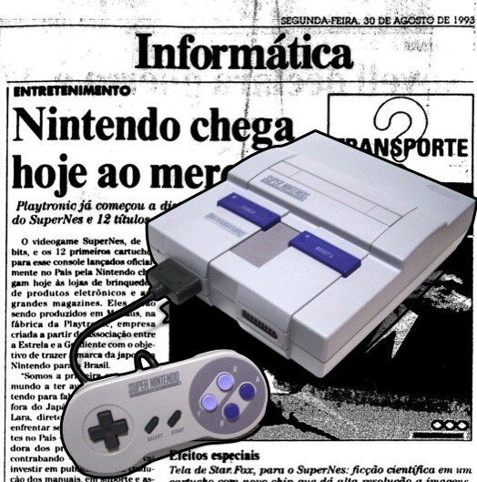 Um Super Nintendo com um controle, sobreposto à notícia do Estadão com o título: Nintendo chega hoje ao mercado