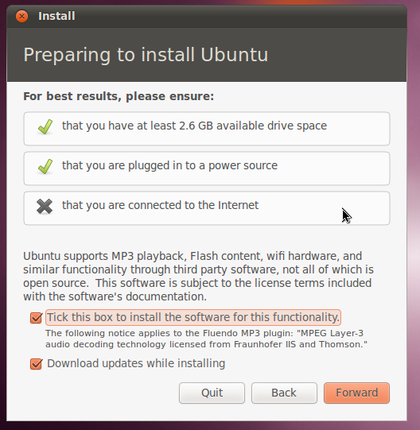 Tela de configuração do Ubuntu com a nova opção que confirma download de suporte não-livre a MP3, Flash, drivers wifi e outros.