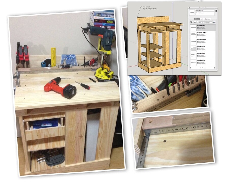 Foto da minha mini-bancada, em pinus, com gaveta-prateleira (acessível também sem abrir). Estão visíveis alguns grampos, parafusadeira, furadeira montada em configuração de bancada. No detalhe, print do projeto, feito no Sketch Up