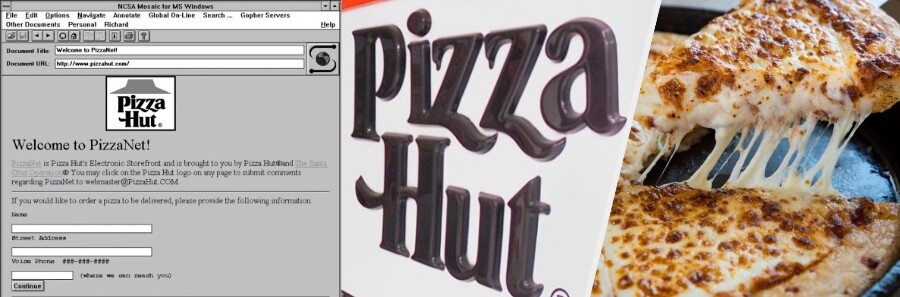 Página, logo e pizza da Pizza Hut nos anos 90