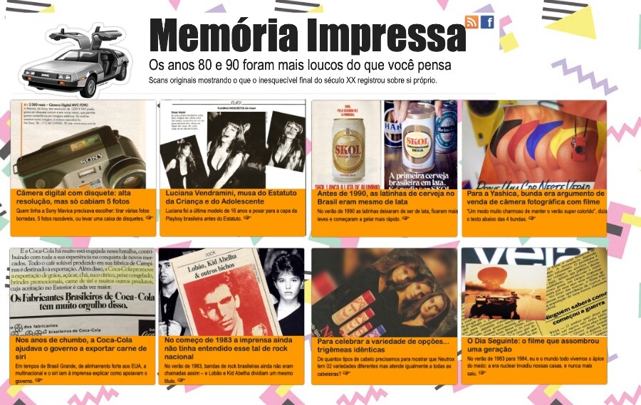 Cabeçalho e 8 cards de notícias do Memória Impressa, com títulos como: <br>- Antes de 1990, as latinhas de cerveja no Brasil eram mesmo de lata<br>- Para celebrar a variedade de opções... trigêmeas idênticas<br>- Nos anos de chumbo, a Coca-Cola ajudava o governo a exportar carne de siri<br>
