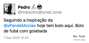 Post de Pedro. “Seguindo a inspiração da @xPandeMoniax hoje tem bolo aqui. Bolo de fubá com goiabada“ Posted on 1 Sep 2023 15:25