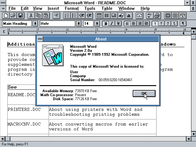Word 2.0a para Windows em um computador cujo espaço em disco disponível estava quase igual à memória RAM livre