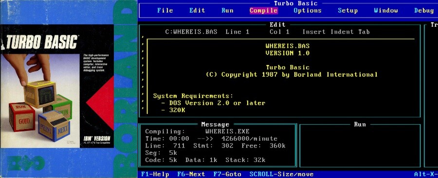 Caixa e tela de compilação do Turbo Basic
