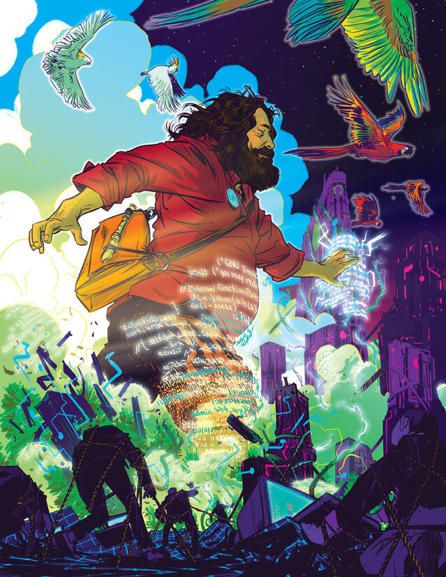 Ilustração de Nathan Fox mostra um gigante barbado correndo em meio a ruínas e a pessoas acorrentadas