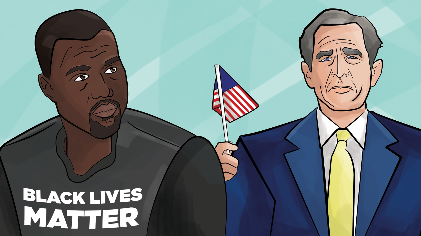 Arte mostrando Kanye com camiseta “Black Lives Matter“, ao lado de Bush, com expressão desconcertada e segurando uma bandeirinha