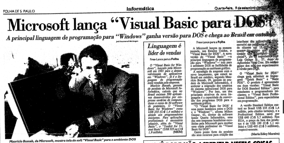 Matéria de jornal com o título Microsoft Lança VIsual Basic para DOS