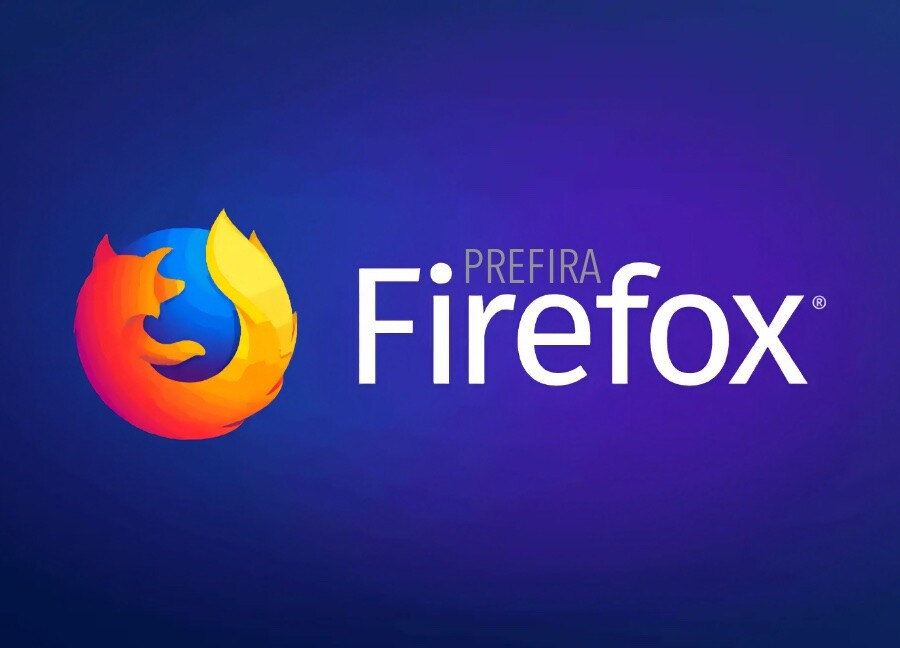 Banner “Prefira Firefox“, com logotipo, sobre fundo azul