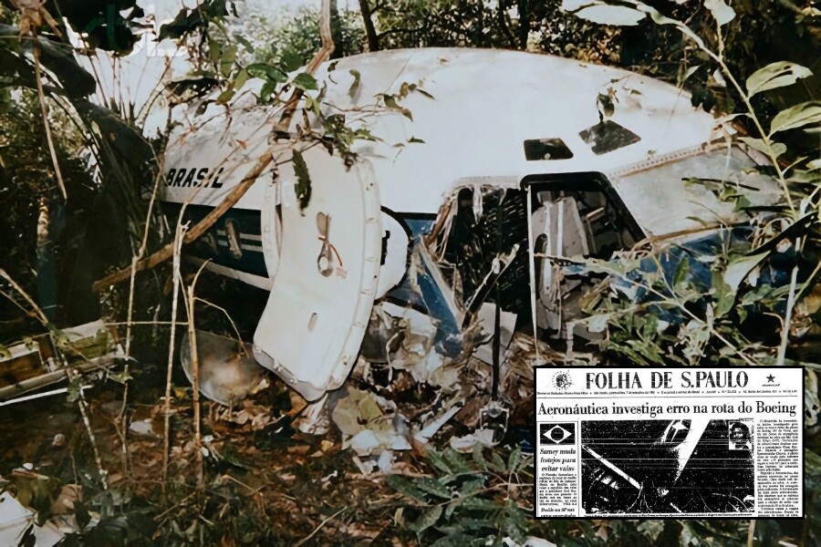 Cabine do avião fotografada na época do resgate, e detalhe da capa da Folha com a manchete: Aeronáutica investiga erro na rota do Boeing