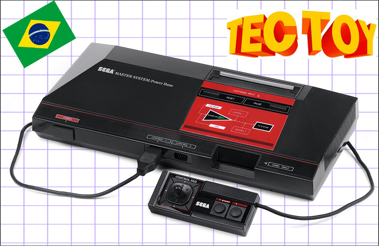 O Master System em banner com a linguagem visual da Tec Toy na época do lançamento