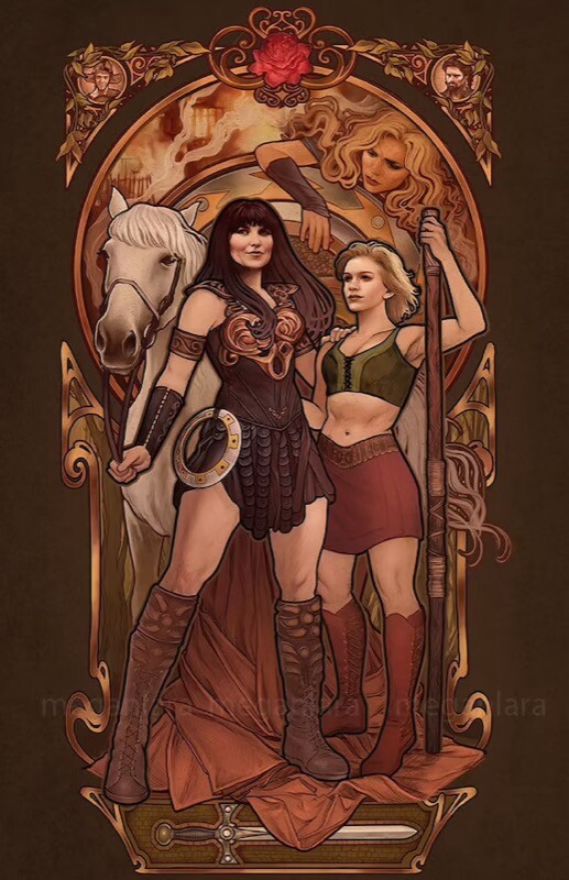 Arte em estilo vitral apresenta as protagonistas Xena e Gabrielle
