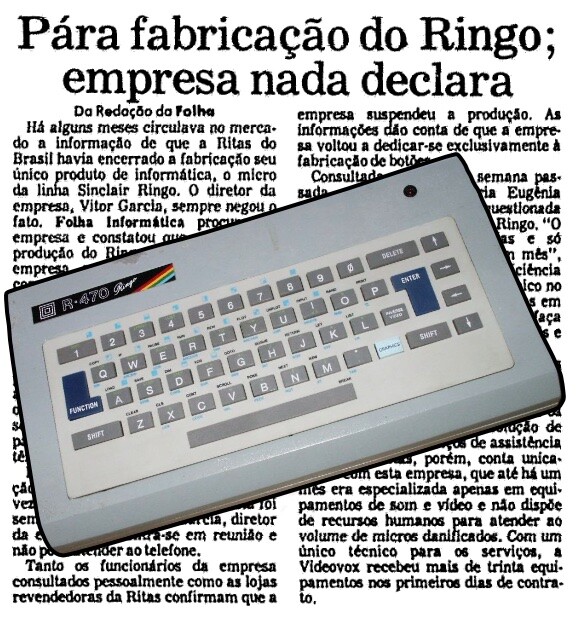 Foto de um Ringo R-470 sobreposta a uma matéria de jornal com o título: Pára fabricação do Ringo; empresa nada declara