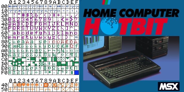 Tabela de caracteres de um HotBit com ROM 1.2. Note o símbolo do Cruzado na posição 0x9E