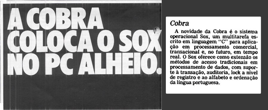 Título de matéria de revista de 1989 (“A Cobra coloca o Sox no PC alheio) e a nota de jornal de 1987 cujo resumo foi publicado no post acima.