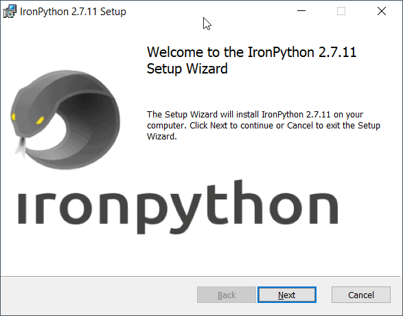 Tela do instalador do IronPython 2.7.11