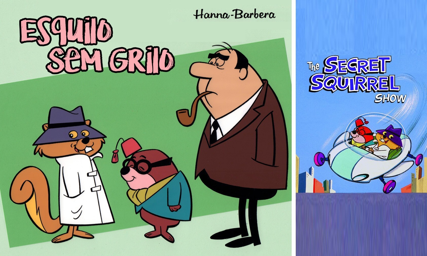 Banner do Esquilo Sem Grilo (de capa e chapéu-disfarce), e seu assistente Moleza, nas versões do Brasil e dos EUA