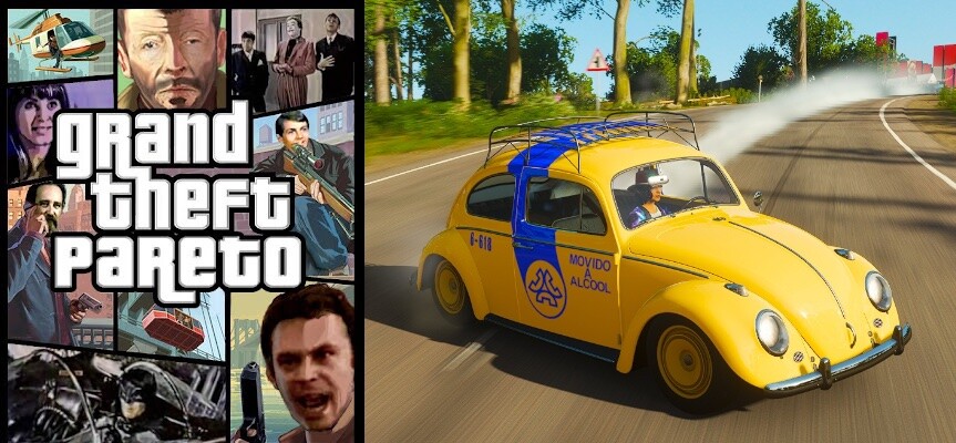 Mashup da capa do jogo GTA com título “grand theft pareto“, e fusquinha da Telerj no jogo Forza Horizon 4