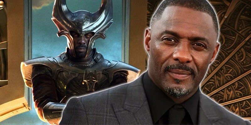 Idris Elba encara a câmera, tendo ao fundo seu personagem Heimdall, do universo cinematográfico da Marvel/Disney.