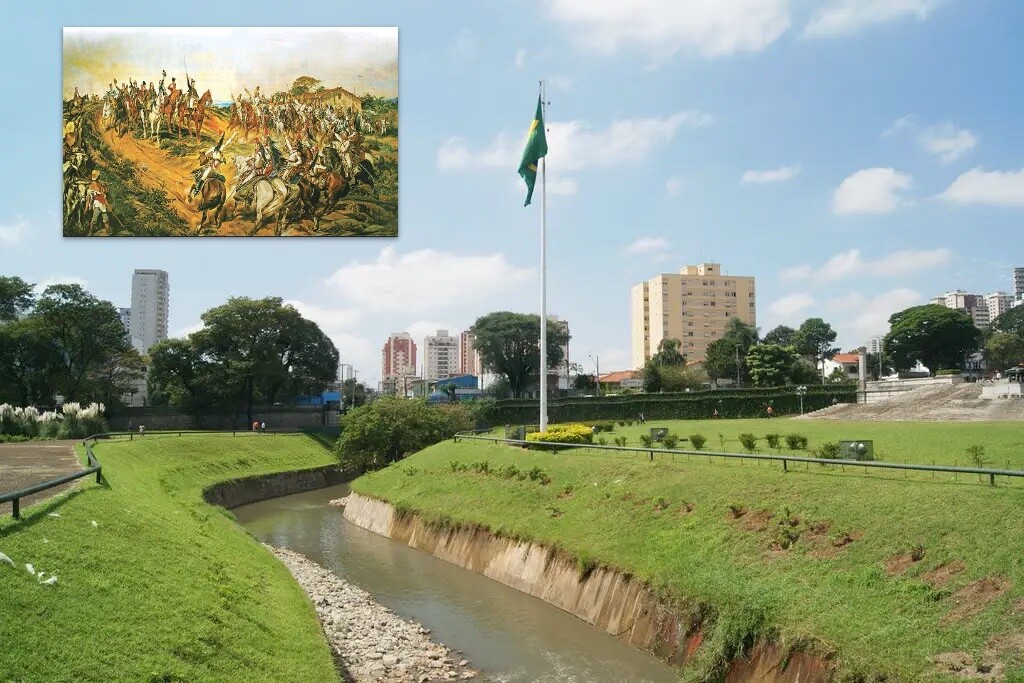 Foto do monumento à independência, no Riacho Ipiranga, e detalhe com quadro retratando a proclamação