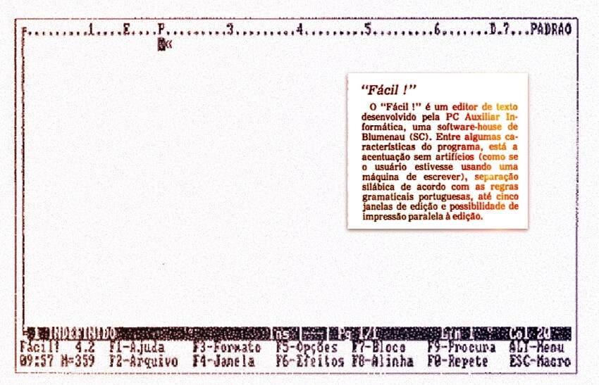 Tela do Fácil 4.2 e breve nota da Folha descrevendo as linhas gerais de sua primeira versão. 