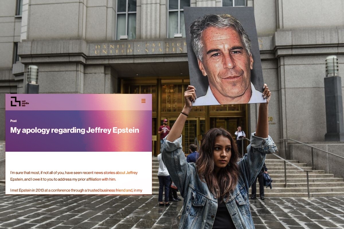 Manifestante segura um cartaz de Jeffrey Epstein em frente ao tribunal federal de Nova York após sua prisão; no detalhe, início da carta de despedida e de desculpas do diretor do Media Lab, do MIT.<br>