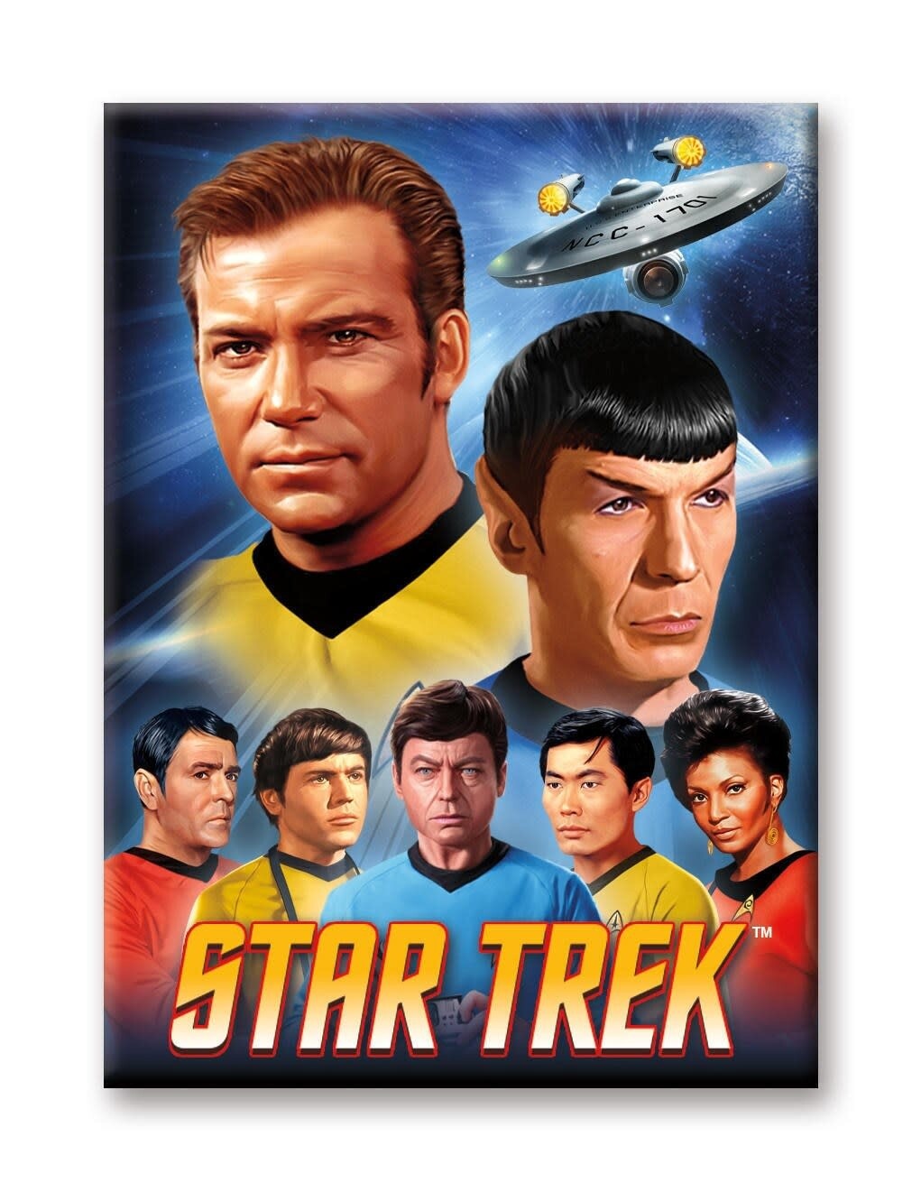 Poster de Start Trek, com os personagens Kirk e Spock em destaque, juntamente com a nave Enterprise