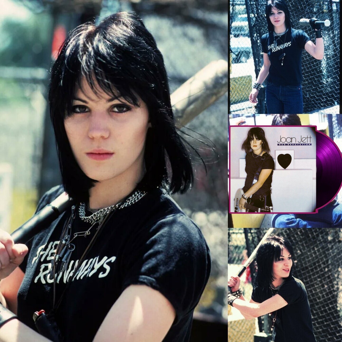 Montagem de 3 fotos de Joan Jett com tema esportivo, vestindo jeans azul e camiseta preta com logo da banda The Runaways, e corrente e bracelete com temática punk/rock. Joan segura um taco de baseball, em atitude desportiva.<br>