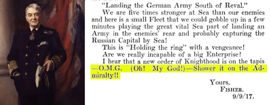 Retrato do Almirante Fischer e fragmento de transcrição da sua carta ao futuro primeiro-ministro britânico Churchill