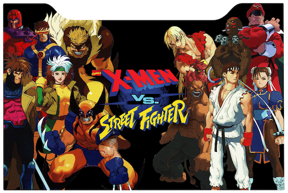 Banner com personagens das duas franquias, e o logo X-Men Vs. Street Fighter