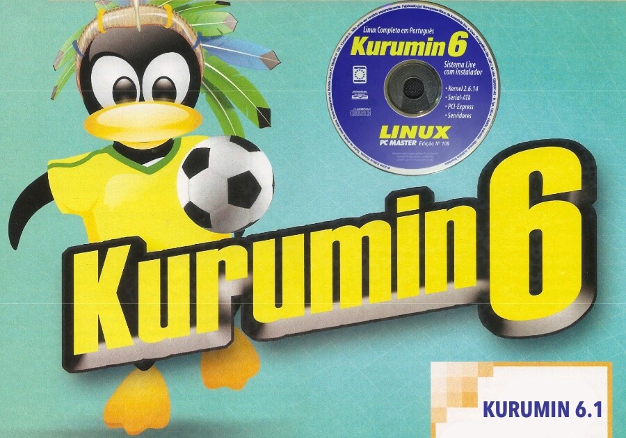 CD e banner do Kurumin 6, com um tux estilizado com temática brasileira e de população originária