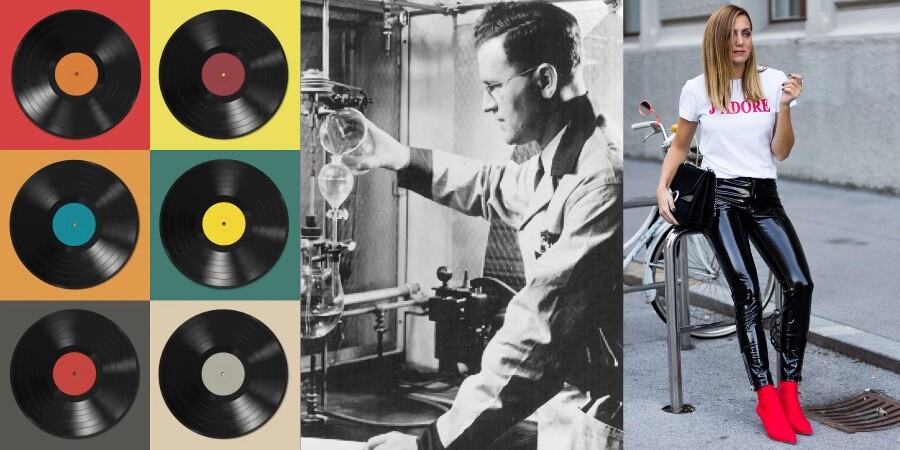 Foto em preto e branco de Waldo, em montagem entre um conjunto de discos musicais de vinil e uma modelo usando calça de vinil em cenário urbano