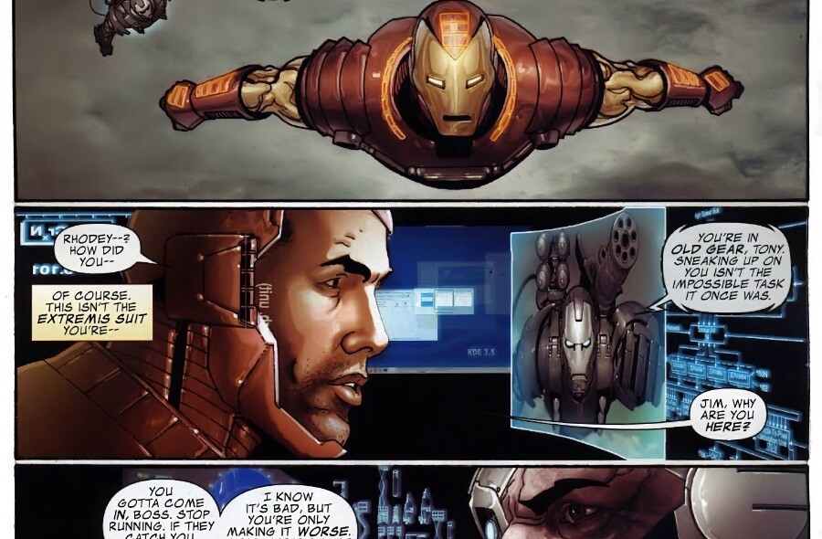 Quadrinhos do Homem de Ferro em que há um desktop mostrando o logo do KDE 3.5