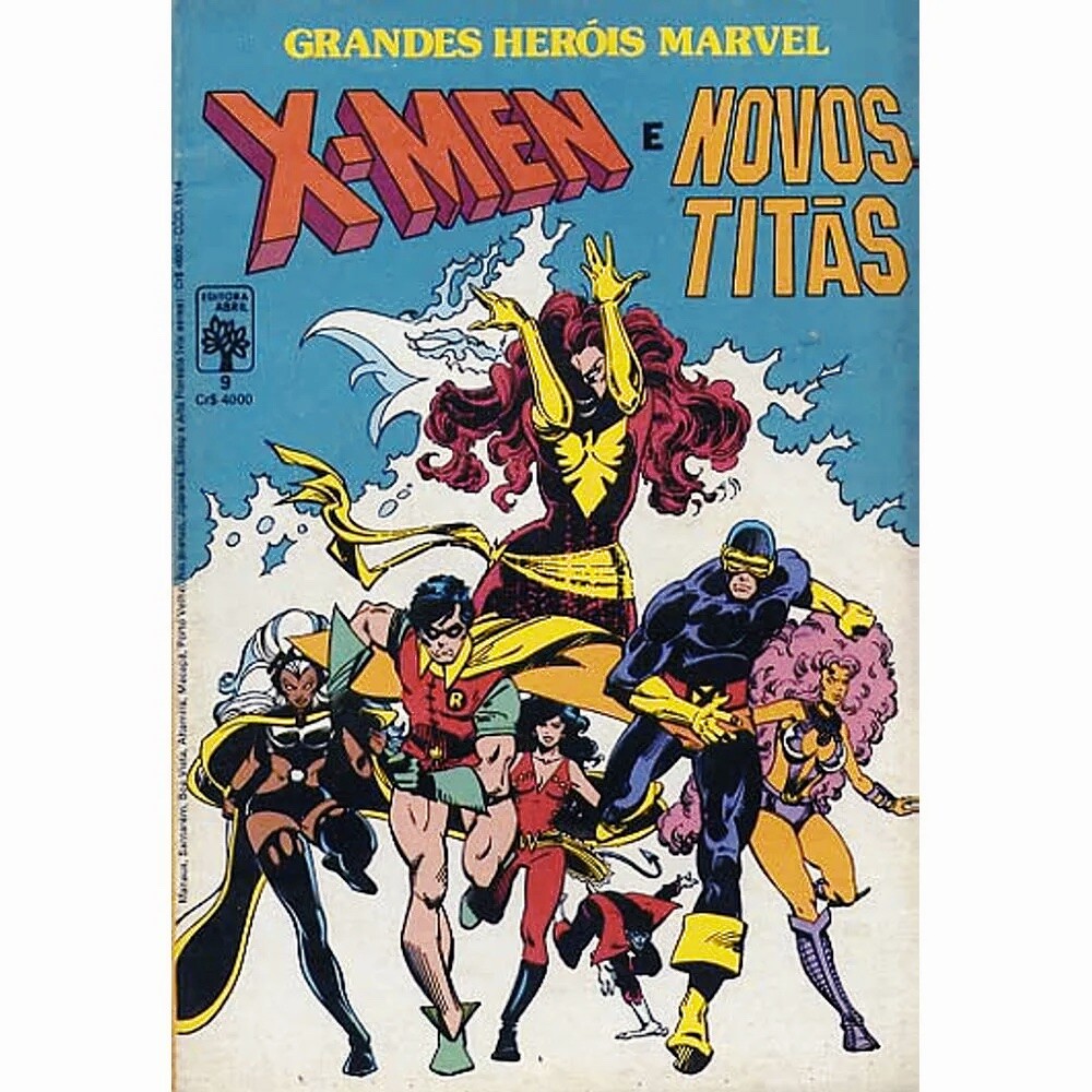 Personagens dos 2 grupos correm em direção ao leitor, com a Fênix ao fundo, na capa de Grandes Heróis Marvel n. 9.