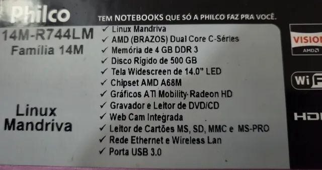 Etiqueta de configuração de um notebook posterior da Philco, também com Mandriva
