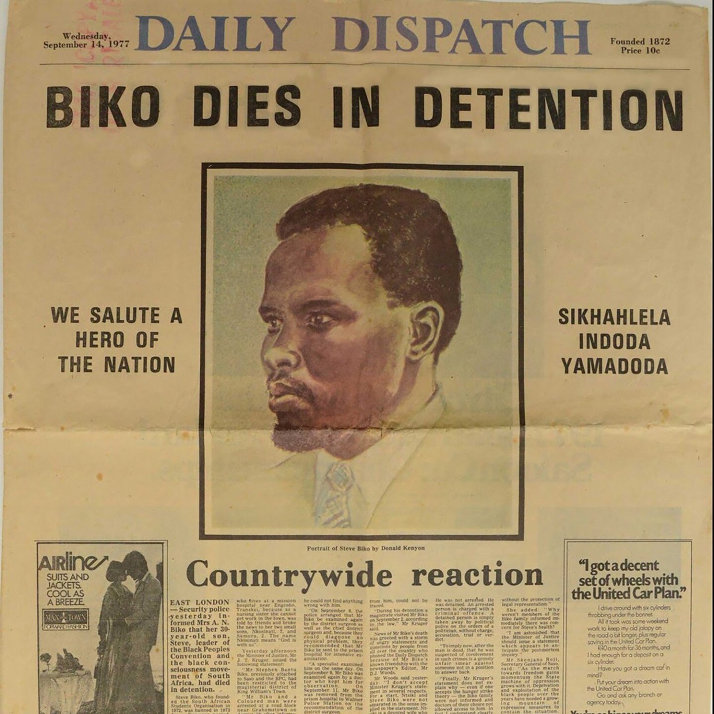 Capa do Daily DIspatch:<br><br>Biko dies in detention - we salute the hero of the nation