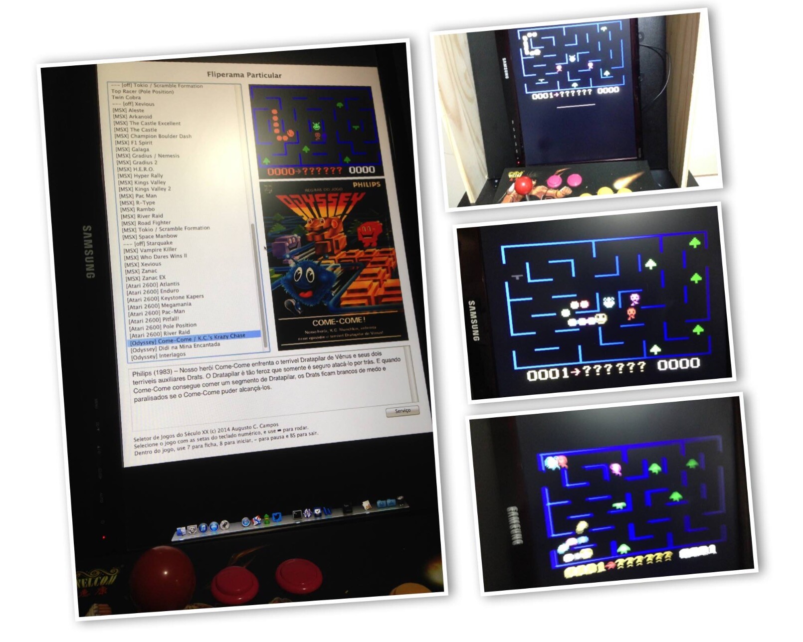 4 telas do multijogos, sendo uma delas mostrando o menu (e a capa do Come-Come, do Odyssey), e as outras mostrando os jogos