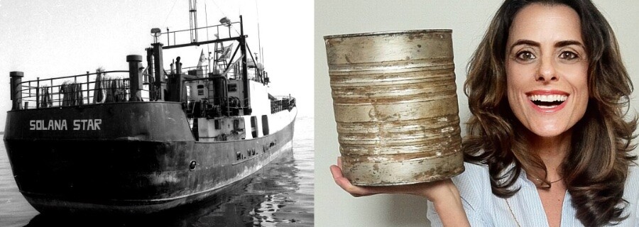 O navio Solana Star, e a diretora do documentário o Verão da Lata sorri para a câmera segurando uma das latas