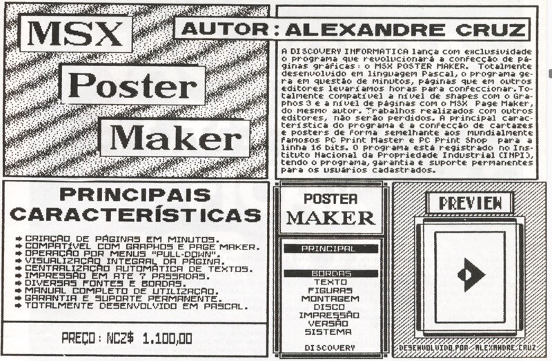 Anúncio do MSX Poster Maker descreve e exibe as limitadas (e ainda raras) capacidades do produto.