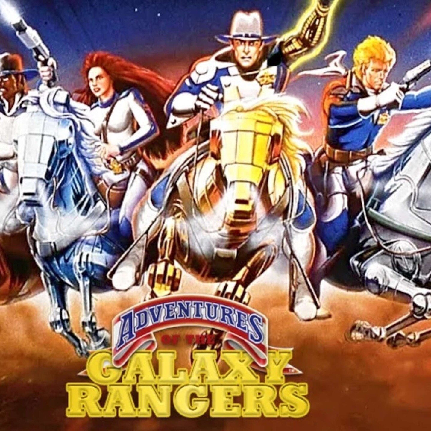 Vinheta dos Galaxy Rangers, com os 4 heróis uniformizados e montados em cavalos mecânicos