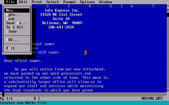 Editor de texto do MS Works, em uma tela em modo texto do DOS, demonstrando o recurso de mala-direta.