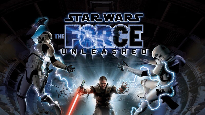 Banner de The Force Unleashed, com o protagonista usando seus poderes contra 2 soldados do Império Galáctico
