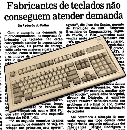 Um teclado clássico da IBM, sobreposto à matéria de jornal com título: Fabricantes de teclados não conseguem atender demanda