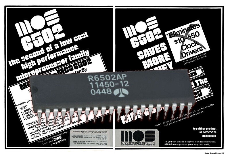 Um chip 6502 sobre o anúncio introdutório oferecendo os microprocessadores MOS 6501 e MOS 6502 à venda na Western Electronic Show and Convention (WESCON), San Francisco, 16 a 19 de setembro de 1975. O anúncio apareceu em várias revistas, esta na edição de setembro de 1975 da IEEE Computer (páginas 38-39).<br>