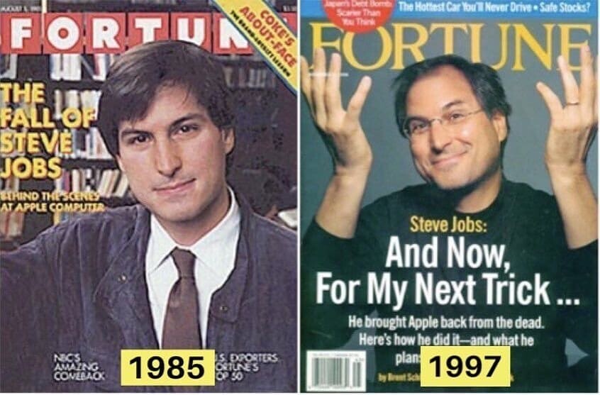 Steve Jobs na capa da revista Fortune na saída, em 1985, e no retorno, em 1997