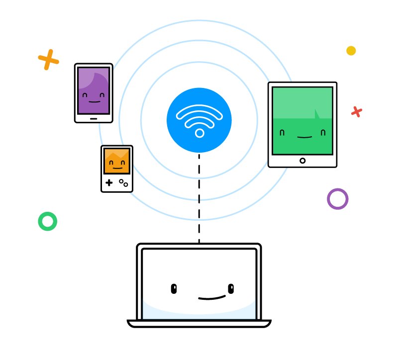 Alegoria do compartilhamento de sinal WiFi entre vários dispositivos sorridentes e coloridos