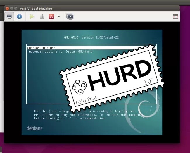 Gerenciador de boot, com o Debian GNU/Hurd selecionado, rodando dentro de uma máquina virtual numa janela.