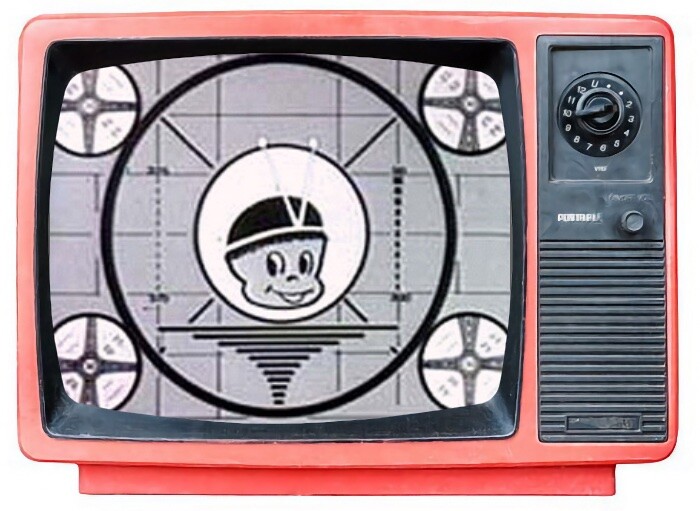 Logo da TV Tupi, em uma TV preto e branco com gabinete vermelho